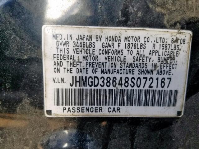 JHMGD38648S072167 - 2008 HONDA FIT SPORT BLACK photo 10