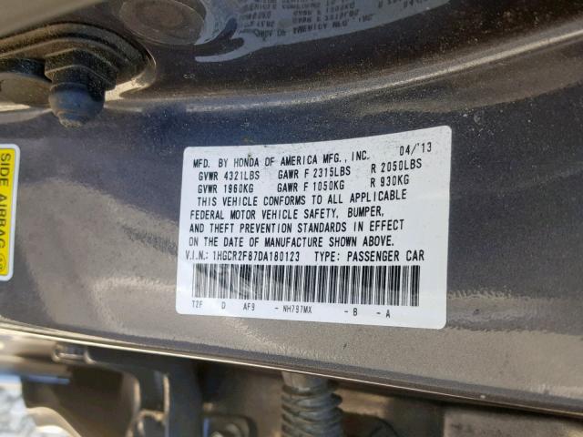 1HGCR2F87DA180123 - 2013 HONDA ACCORD EXL GRAY photo 10