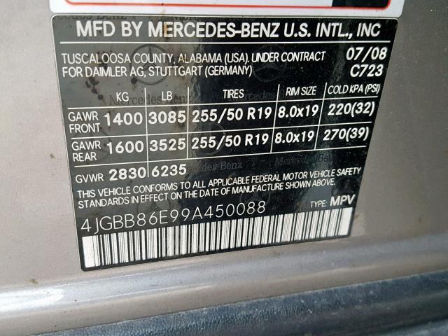 4JGBB86E99A450088 - 2009 MERCEDES-BENZ ML 350 SILVER photo 10