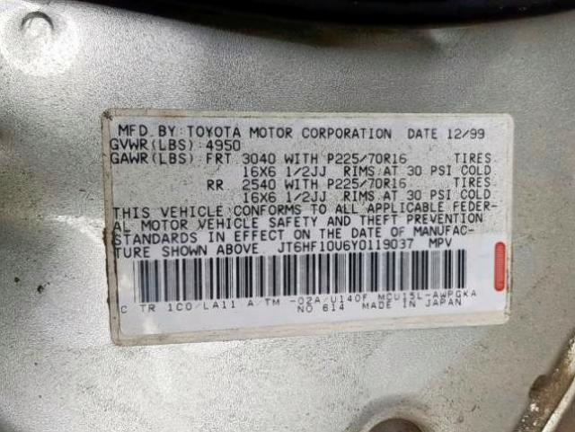 JT6HF10U6Y0119037 - 2000 LEXUS RX 300 SILVER photo 10