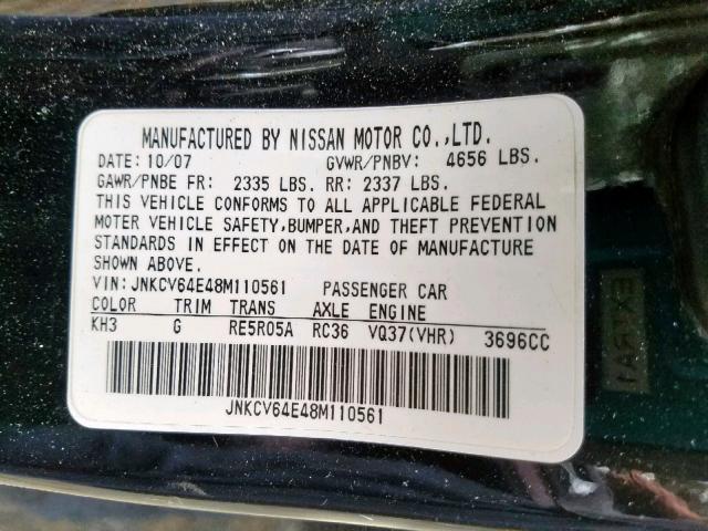 JNKCV64E48M110561 - 2008 INFINITI G37 BASE BLACK photo 10