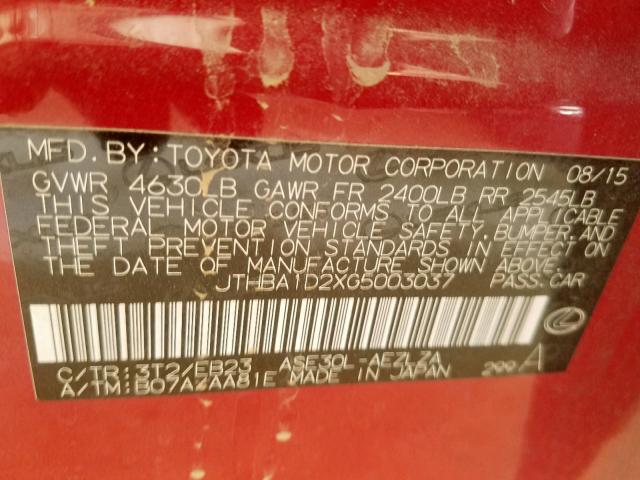 JTHBA1D2XG5003037 - 2016 LEXUS IS 200T RED photo 10