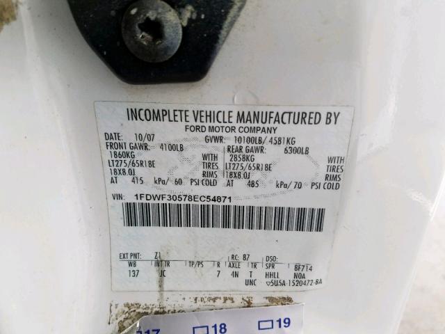 1FDWF30578EC54871 - 2008 FORD F350 SRW S WHITE photo 10