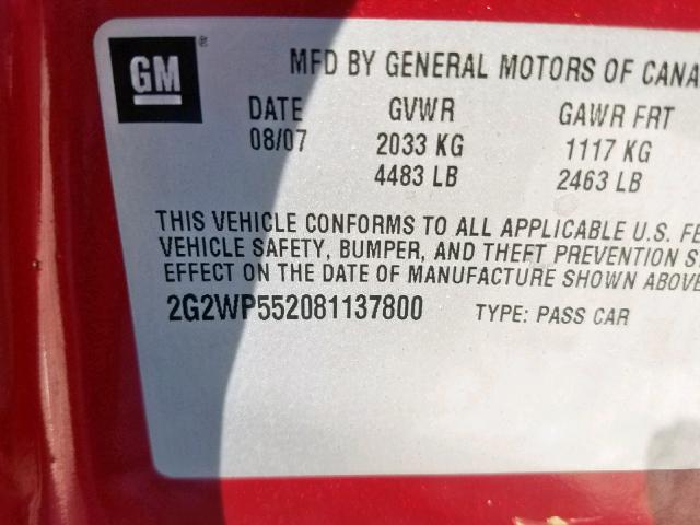 2G2WP552081137800 - 2008 PONTIAC GRAND PRIX BURGUNDY photo 10