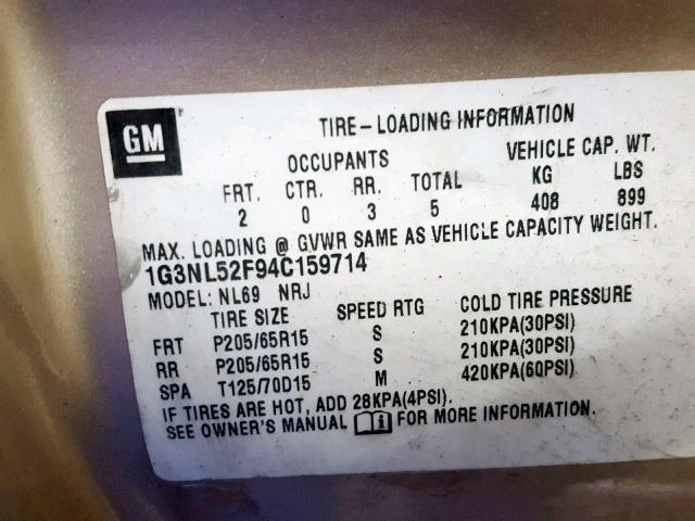 1G2NF52E94M534014 - 2004 PONTIAC GRAND AM S BEIGE photo 10