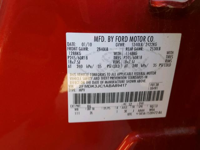 2FMDK3JC1ABA89417 - 2010 FORD EDGE SEL RED photo 10