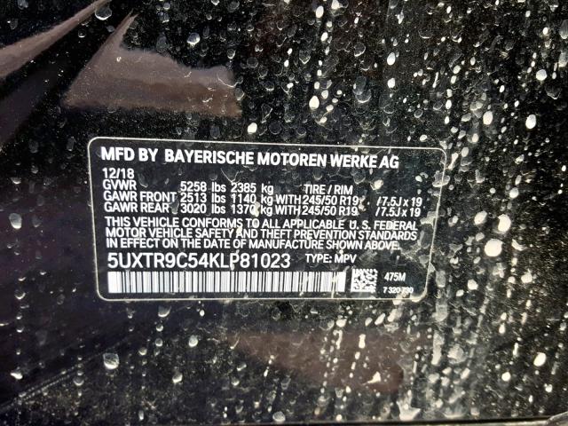 5UXTR9C54KLP81023 - 2019 BMW X3 XDRIVE3 BLACK photo 10