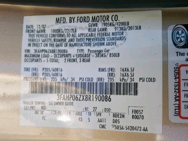 3FAHP06ZX8R190086 - 2008 FORD FUSION S TAN photo 10