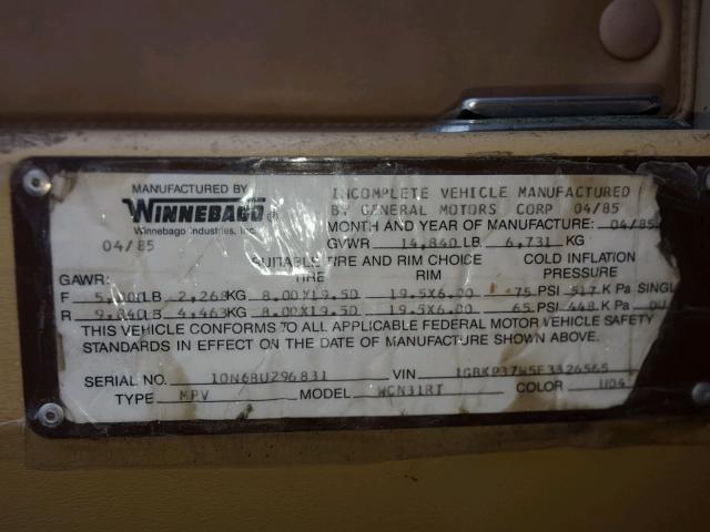 1GBKP37W5F3326565 - 1985 WINNEBAGO MOTORHOME CREAM photo 10