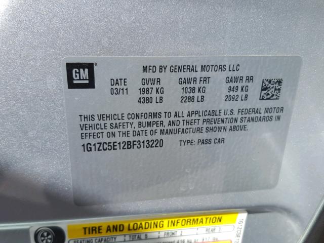 1G1ZC5E12BF313220 - 2011 CHEVROLET MALIBU 1LT SILVER photo 10