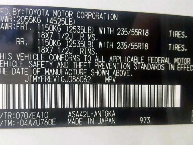 JTMYFREV1GJ086062 - 2016 TOYOTA RAV4 LIMIT WHITE photo 10