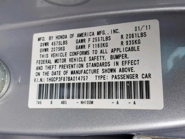 1HGCP3F87BA014757 - 2011 HONDA ACCORD EXL SILVER photo 10