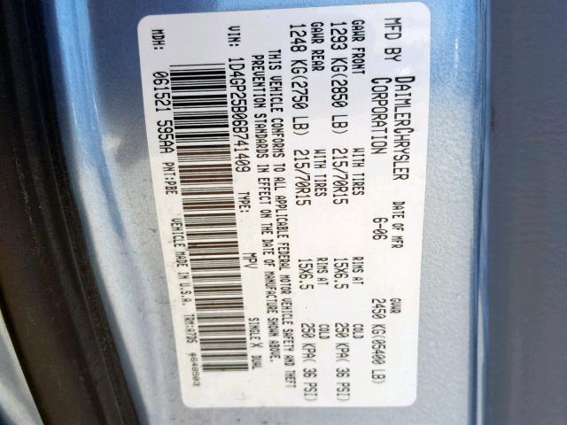 1D4GP25B06B741409 - 2006 DODGE CARAVAN SE BLUE photo 10