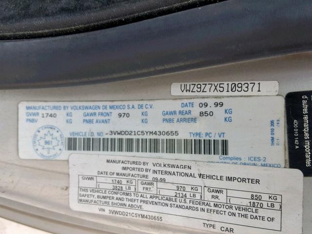 3VWDD21C5YM430655 - 2000 VOLKSWAGEN NEW BEETLE ვერცხლისფერი ფოტო 10