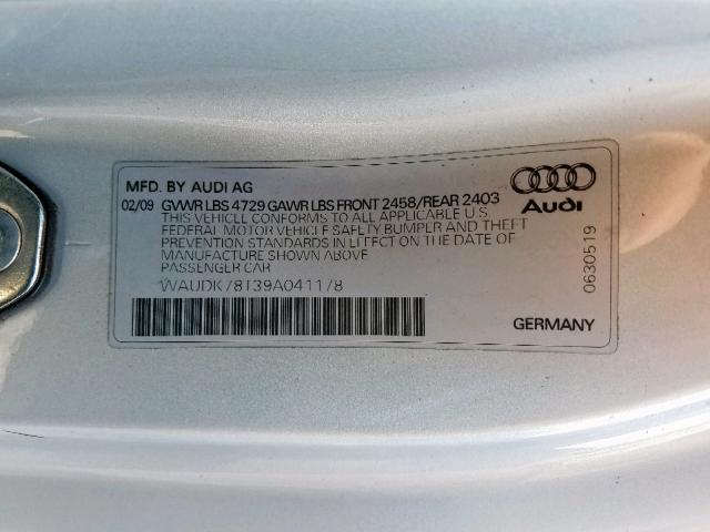 WAUDK78T39A041178 - 2009 AUDI A5 QUATTRO SILVER photo 10