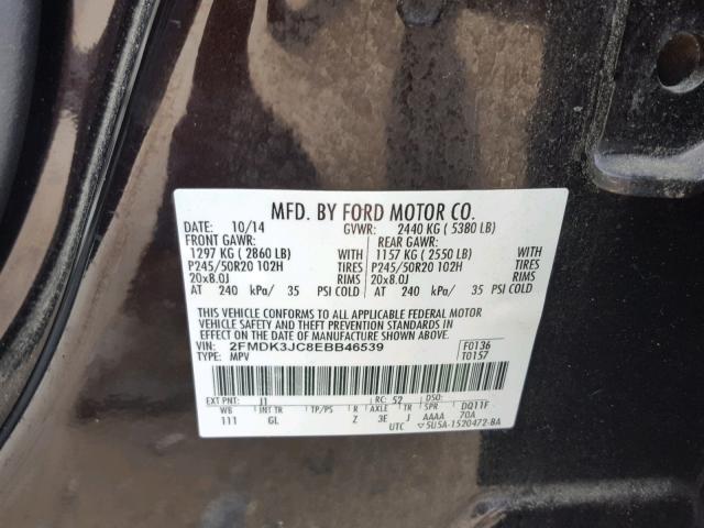 2FMDK3JC8EBB46539 - 2014 FORD EDGE SEL BLACK photo 10