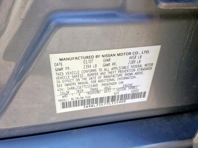 1N4BL21E77C155469 - 2007 NISSAN ALTIMA 3.5 GRAY photo 10