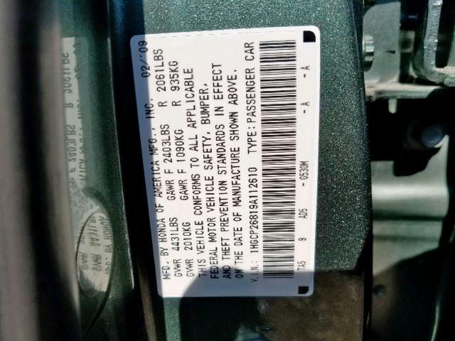 1HGCP26819A112610 - 2009 HONDA ACCORD EXL GREEN photo 10