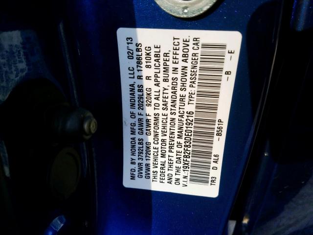 19XFB2F83DE019216 - 2013 HONDA CIVIC EX BLUE photo 10