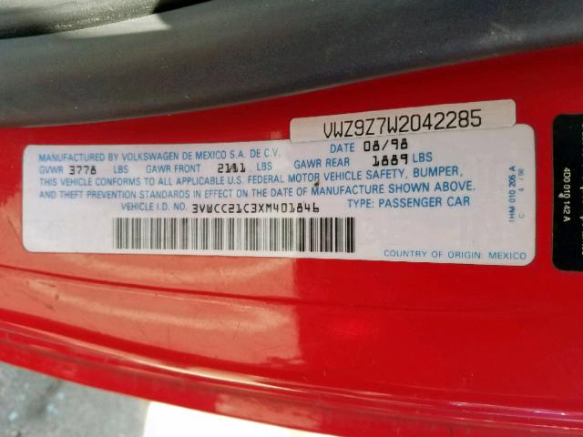 3VWCC21C3XM401846 - 1999 VOLKSWAGEN NEW BEETLE წითელი ფოტო 10