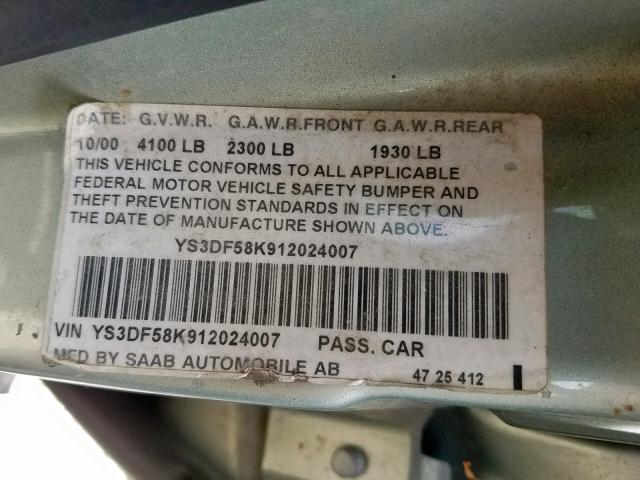 YS3DF58K912024007 - 2001 SAAB 9-3 SE GREEN photo 10