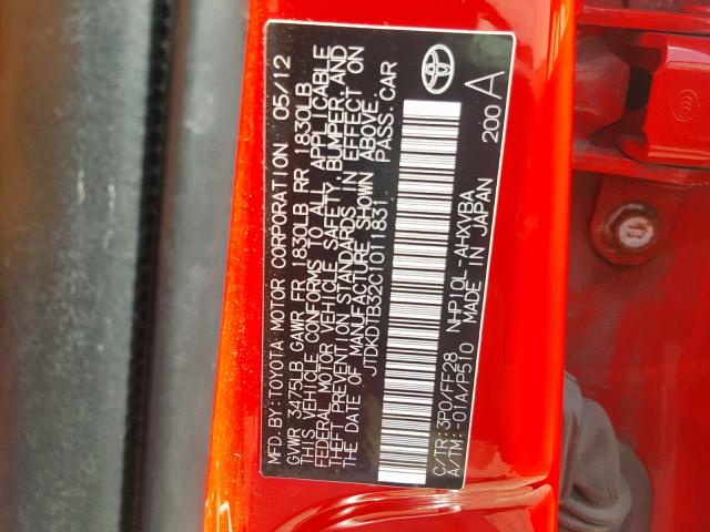 JTDKDTB32C1011831 - 2012 TOYOTA PRIUS C RED photo 10