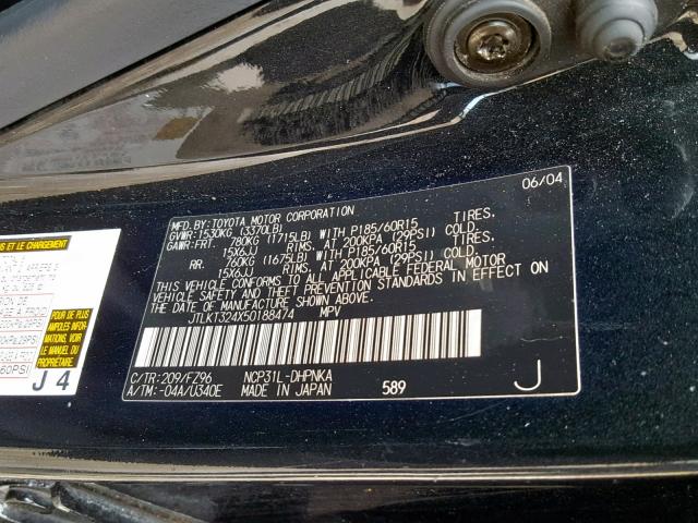 JTLKT324X50188474 - 2005 TOYOTA SCION XB 黑色 照片 10