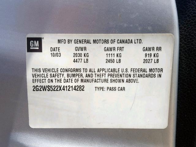 2G2WS522X41214282 - 2004 PONTIAC GRAND PRIX SILVER photo 10