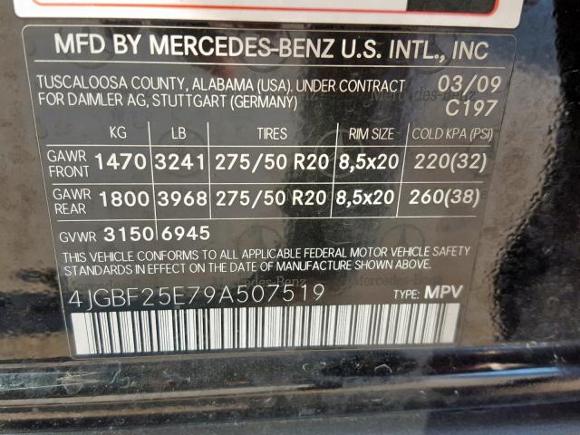 4JGBF25E79A507519 - 2009 MERCEDES-BENZ GL BLACK photo 10