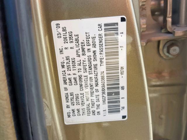 1HGCP368X9A038674 - 2009 HONDA ACCORD EXL GOLD photo 10