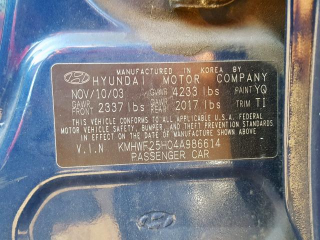 KMHWF25H04A986614 - 2004 HYUNDAI SONATA GL BLUE photo 10