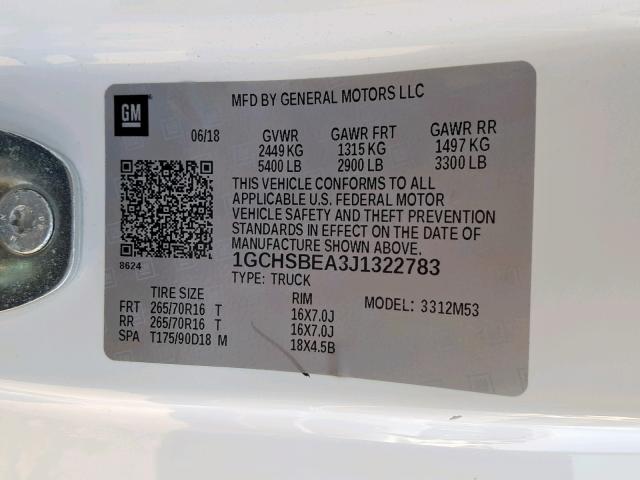 1GCHSBEA3J1322783 - 2018 CHEVROLET COLORADO WHITE photo 10