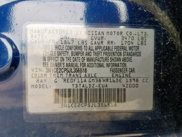 3N1CE2CP5JL356518 - 2018 NISSAN VERSA NOTE BLUE photo 10