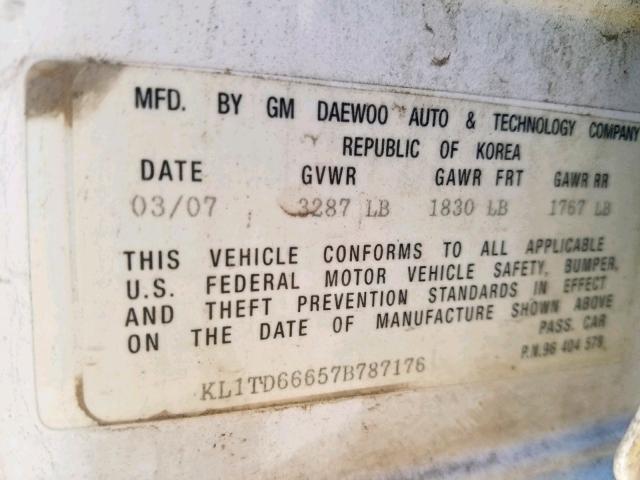 KL1TD66657B787176 - 2007 CHEVROLET AVEO BASE 白色 照片 10