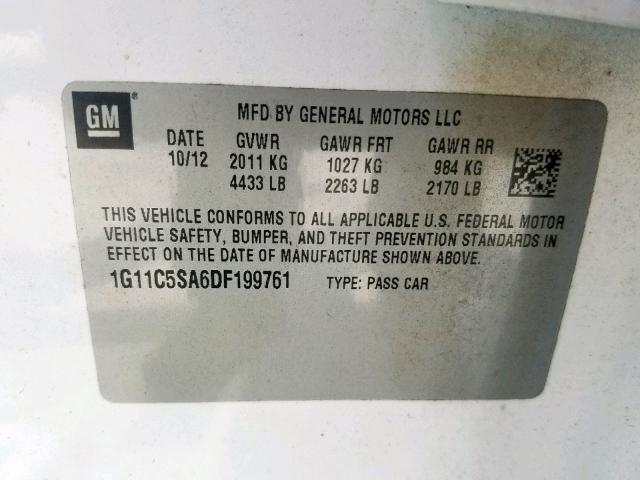 1G11C5SA6DF199761 - 2013 CHEVROLET MALIBU 1LT WHITE photo 10