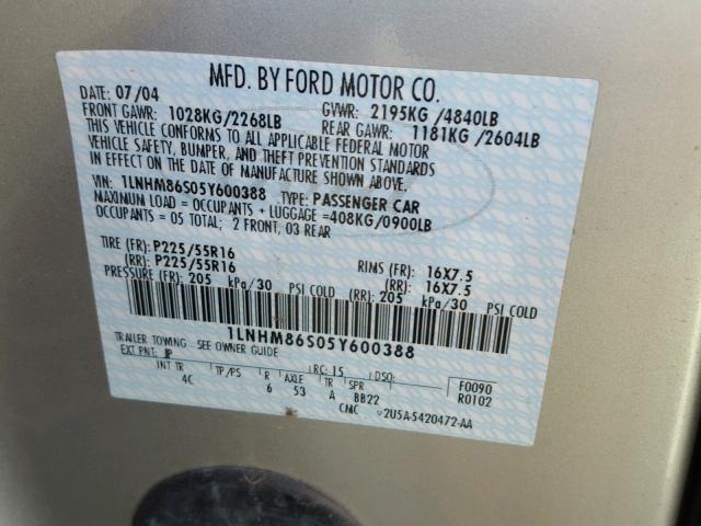 1LNHM86S05Y600388 - 2005 LINCOLN LS GRAY photo 10