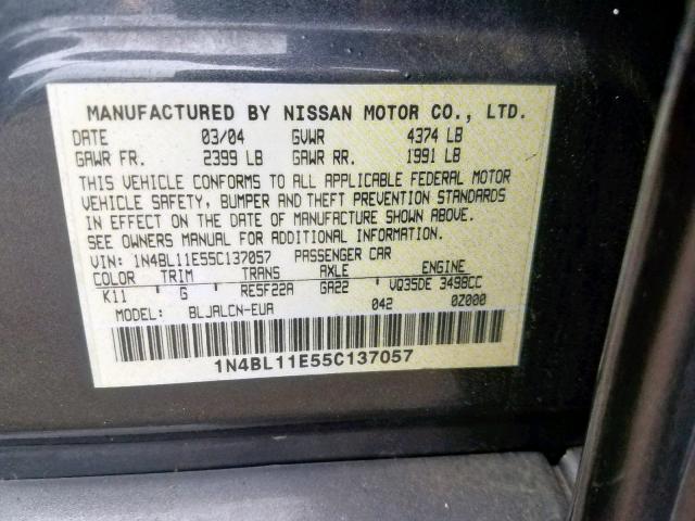 1N4BL11E55C137057 - 2005 NISSAN ALTIMA SE GRAY photo 10