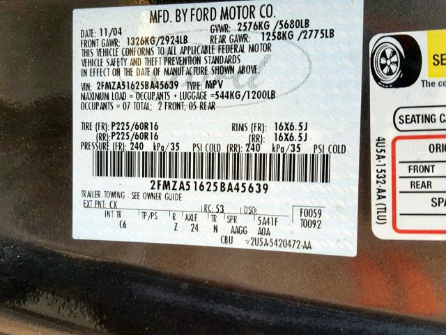 2FMZA51625BA45639 - 2005 FORD FREESTAR S GRAY photo 10