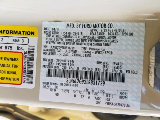 3LN6L2G92ER831729 - 2014 LINCOLN MKZ CREAM photo 10