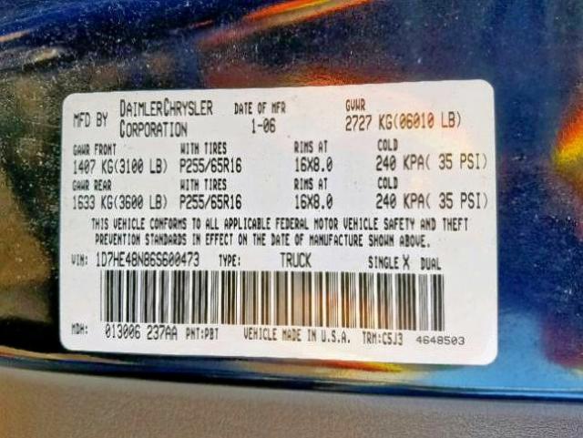 1D7HE48N86S600473 - 2006 DODGE DAKOTA QUA BLUE photo 10