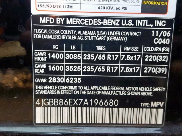 4JGBB86EX7A196680 - 2007 MERCEDES-BENZ ML 350 BLACK photo 10