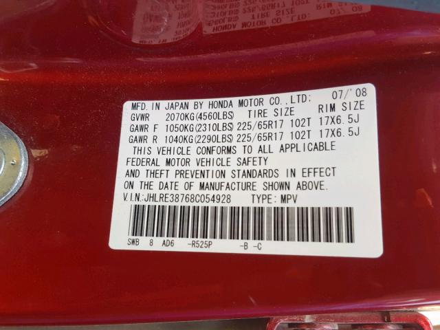 JHLRE38768C054928 - 2008 HONDA CR-V EXL RED photo 10