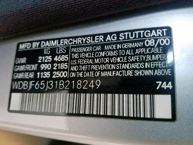 WDBJF65J31B218249 - 2001 MERCEDES-BENZ E 320 SILVER photo 10