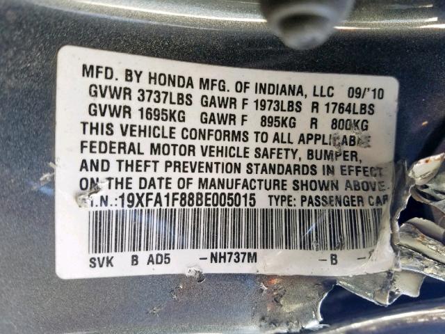 19XFA1F88BE005015 - 2011 HONDA CIVIC EX GRAY photo 10