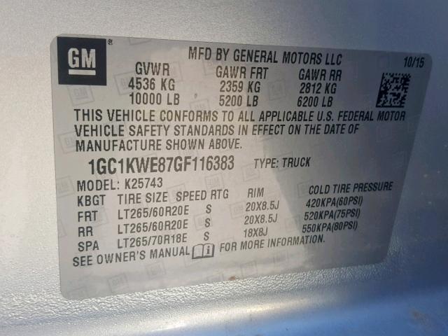 1GC1KWE87GF116383 - 2016 CHEVROLET SILVERADO SILVER photo 10