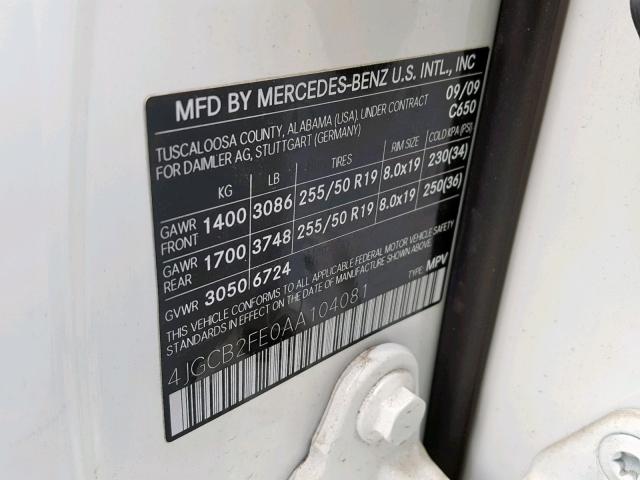 4JGCB2FE0AA104081 - 2010 MERCEDES-BENZ R 350 BLUE WHITE photo 10