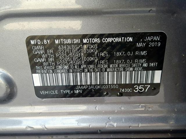 JA4AP3AU0KU031550 - 2019 MITSUBISHI OUTLANDER SILVER photo 10