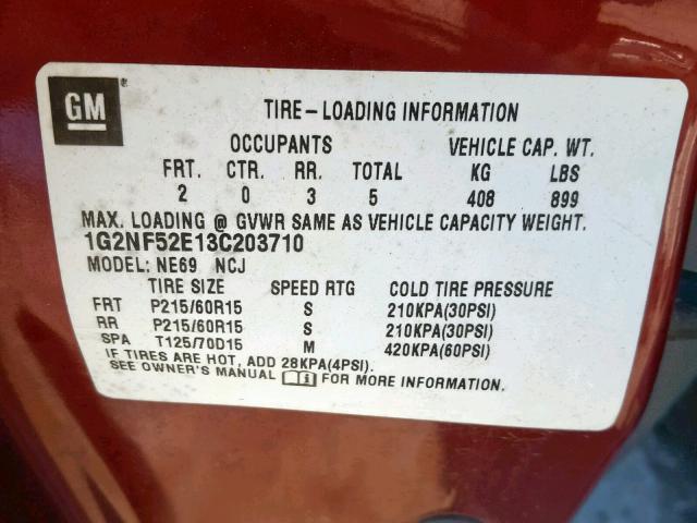 1G2NF52E13C203710 - 2003 PONTIAC GRAND AM S MAROON photo 10