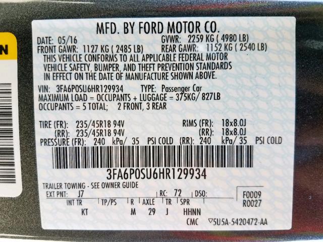 3FA6P0SU6HR129934 - 2017 FORD FUSION TIT GRAY photo 10