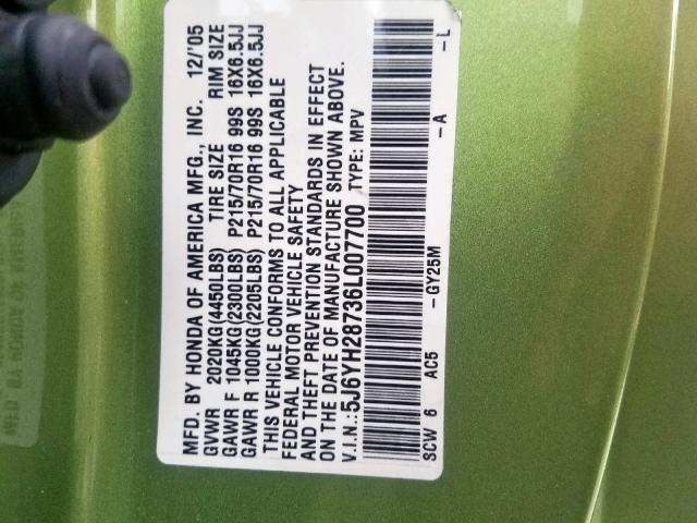 5J6YH28736L007700 - 2006 HONDA ELEMENT EX GREEN photo 10